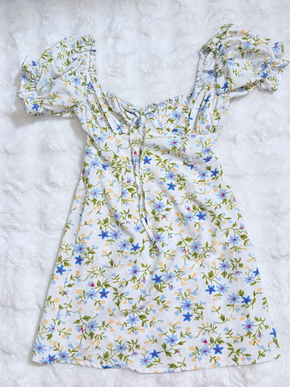 Floral Puff Sleeve Tie Front Mini Dress Size S NWOT